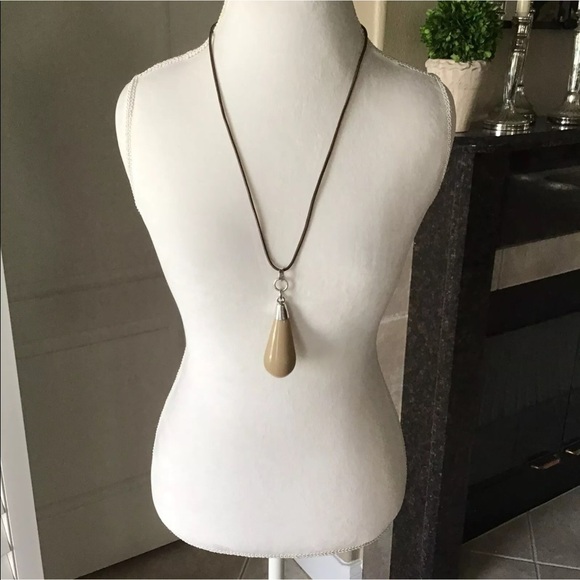 NEW Taupe Teardrop Pendant Statement Drop Necklace Long Wax Cord Mod Resin - Picture 3 of 6